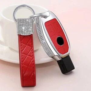Red Diamond+Leather Car Key Skin Fob Case 3 Button Cover For Mercedes Benz - Picture 1 of 3