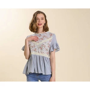 Nueva Blusa Umgee Mujer Talla Mediana Babydoll Azul Ojales Encaje Floral Boho Nueva con Etiquetas - Imagen 1 de 13
