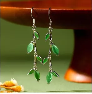 Vintage 925 Silver Leaf Drop Dangle Hook Earrings - Picture 1 of 6