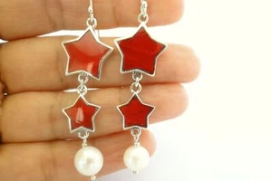 Rote Fossil Koralle Süßwasser Perle Sterne Mond 925 Sterling Silber Ohrhänger - Bild 1 von 3