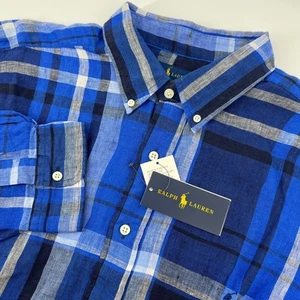 Ralph Lauren Mens 1XB Linen Button Down Shirt Plaid Checkered Blue - Picture 1 of 9