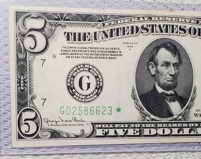 *Solid Star 1934 D $5 Federal Reserve STAR Note Green Seal Chicago, IL Scarce AU - Image 1 of 4