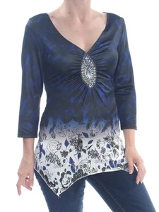 VINCE CAMUTO Womens Blue Ruched Printed 3/4 Sleeve V Neck T-Shirt S - Picture 1 of 6