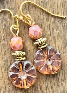 Beautiful Gold, Peach Rose Picasso and Crystal Bead Earrings. - Picture 1 of 4