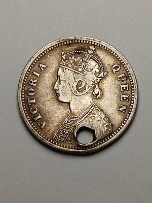 1874 India British Queen Victoria Silver 1/4 Rupee (Holed) - Image 1 of 4
