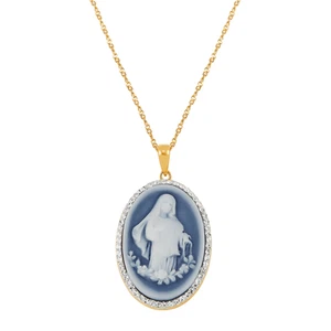 Finecraft Virgin Mary Cameo Pendant w/ Crystals in 18K Gold-Plated Silver, 18" - Picture 1 of 4