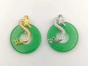 Green Jade Round Peace Buckle 18KGP Cubic zirconia Dragon Luck Pendant Necklace - Picture 1 of 12