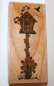 Vintage Wooden Block Rubber Ink Stamp Hummingbird Flowers Vine Birdhouse - Picture 1 of 4