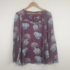 White Stuff Floral Top Women's UK 16 Burgundy Long Sleeve Pleated Round Neck - Picture 1 of 12