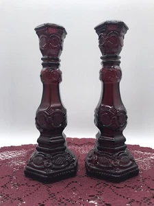 Pair of Avon "1876 Cape Cod" Cranberry Ruby Red Glass Candlesticks, Vintage 1975 - Picture 1 of 4