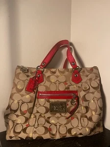 Coach Poppy Secret Admirer Tote 16289M Handbag Leather Canvas Gold Red Polkadot - Picture 1 of 11