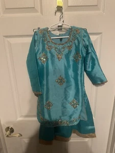NWT Indian Pakistani Teal & Gold Embroidered 2 Piece Outfit Toddler Size 2-4 - Picture 1 of 24