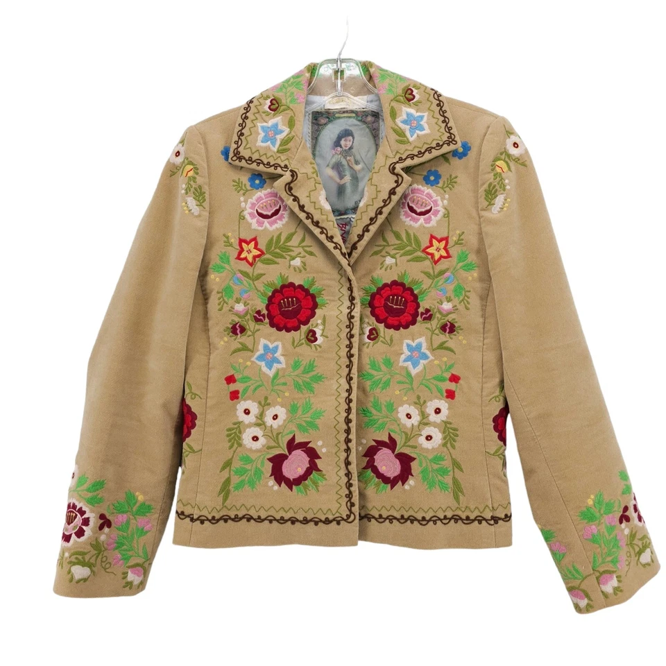 Chaqueta Blazer Johnny Was Biya Beige Bordada Usada en Excelente Condición Talla PEQUEÑA Foto 1 de 4