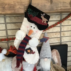 1 2002 PRIMA CREATIONS 3D SNOWMAN FELT TOP HAT PLAID SCARF CHRISTMAS STOCKING - Picture 1 of 3