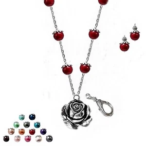 Lanyard necklace beaded with pearls, Rose Charm, COLOR CHOICE, optional earrings - Picture 1 of 20