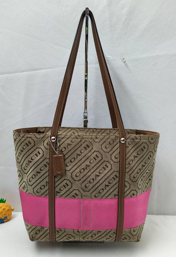 Borsa Coach Lozenge marrone tela bordo pelle righe chiusura cerniera tote bag
