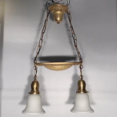 Double Pendant Light Fixture Nice Yellow & Red Brass Patina Frosted Shades 90A Cover