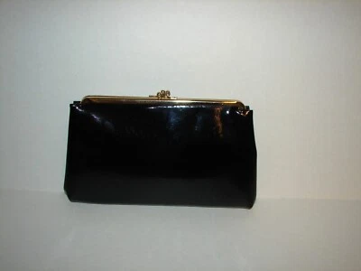 Cartera sin asas vintage de charol negro interior de cachemira HL Harry Levine Foto 1 de 4
