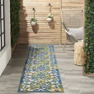 Nourison Aloha Indoor/Outdoor Ivory Blue 2'3" x 12' Area Rug, Transitional, F... - Picture 1 of 9