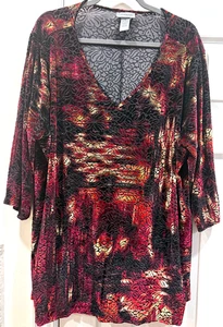 Catherines Plus  2X 22/24 Shirt Black Red Velour Burnout V Neck Tunic 3/4 Sleeve - Picture 1 of 4