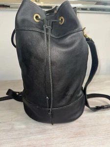 VTG Large Rucksack Black Leather Drawstring Backpack Purse Bag - Picture 1 of 7
