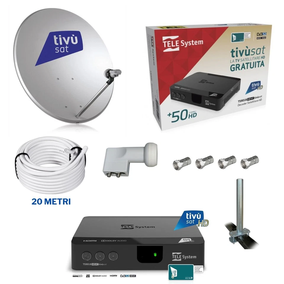 KIT SATELLITARE HD TIVÙSAT + DECODER+PARABOLA 45CM + LNB+20 MT CAVO + SUPPORTO  - Immagine 1 di 1