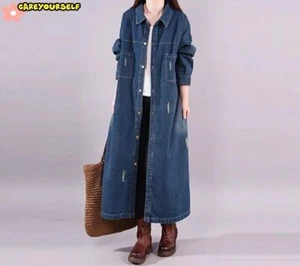 Spring Women Denim Trench Coat Jeans Shirt Dress Casual Long Jacket Overcoat - Picture 1 of 8