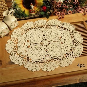 Crochet Cotton Lace Placemats Doilies Oval Shape, Beige, 12x17 Inch, Pack Of 4