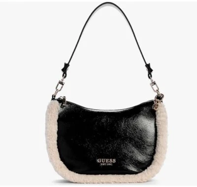 GUESS Davika crinkle faux-leather Sherpa trim hobo shoulder bag - Black - Image 1 of 4
