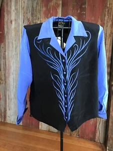 Camicetta vintage Bob Mackie indossabile arte seta top nero/blu taglia 2X..........u2 - Foto 1 di 3