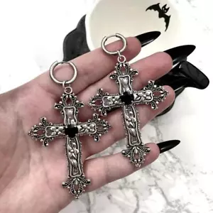 Orecchini gotici grandi colore argento gioiello croce con punk nero Halloween J - Foto 1 di 26