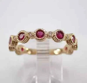 1.20Ct Round Cut Lab Created Red Ruby Wedding Band Ring 14K Yellow Gold Plated - Picture 1 of 13