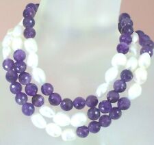 LONG PURPLE AMEHTYST STONE WHITE PEARL 31.25" 925 STERLING NECKLACE Joy's Jewels