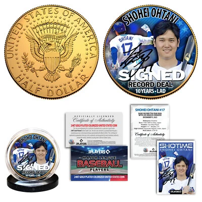 Moeda e cartão bônus SHOHEI OHTANI 1º sempre DODGERS licenciado folheado a ouro 24K 2023 JFK - Imagem 1 de 3
