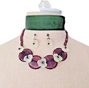 VTG 80's Statement 18" Necklace Set Amethyst Glass Lucite Flower Dangle Earrings - Picture 1 of 7