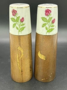 Vintage Wood & Porcelain Salt And Pepper Shakers W/Painted Flowers Japan BN20 - Picture 1 of 12