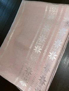 Vintage Soft Pink Linen 69” X 57” Embellishment Design Silver White Leaves - Picture 1 of 6