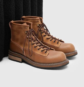 Genuine Leather Ankle Boots Men's Retro Workwear Boots Lace Up Shoes Western - Picture 1 of 14