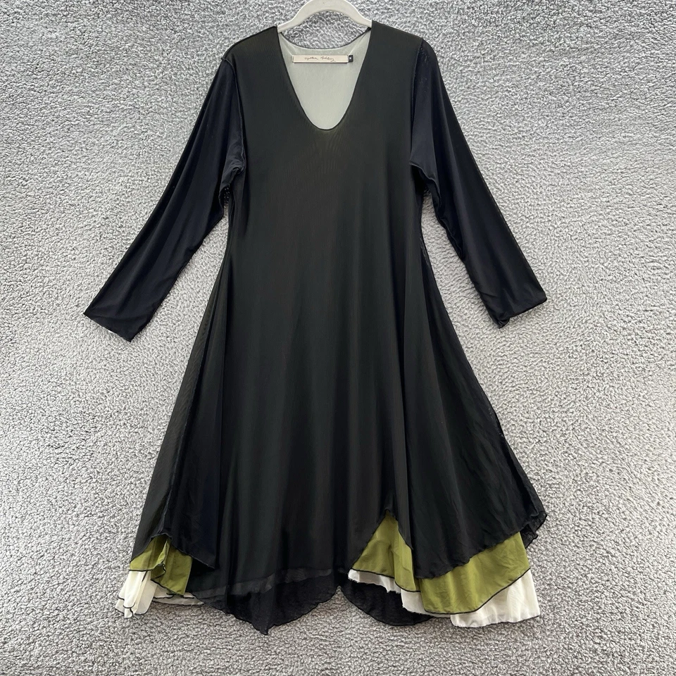 Vestido Cynthia Ashby Mediano Negro Verde Malla Superposición Relajado Lagenlook En Capas Foto 1 de 4