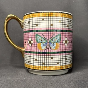 Anthropologie Garden Tile Butterfly Mug Mosaic Gold Accents Stoneware Coffee Cup - Picture 1 of 7
