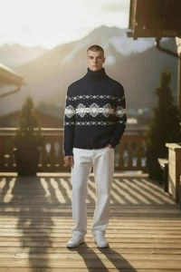 Fedeli 100% Cashmere Sweater Winterpattern  Knitted Heavy Knit Navy Grey Size IT - Picture 1 of 12