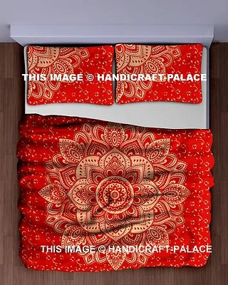 Cotton Queen Bedspread Boho Bed Sheet Set Ombre Mandala Printed Red Tapestry  - Image 1 of 2