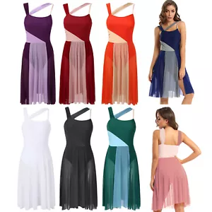 Damen Tanzbekleidung Einteilig Kleider Farbblock Kleid Elegant Ärmellos Sport - Picture 1 of 111