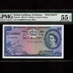 Territori dei Caraibi Britannici 2 Dollari 1953 P-8s * PMG AU 55 EPQ * Esemplare * - Foto 1 di 2