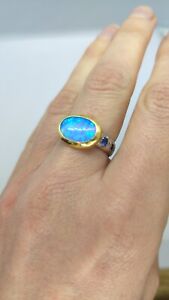 Opal And Blue Sapphire Ring 24 CT Yellow Gold And Silver Band Sinska Gurhan N 7