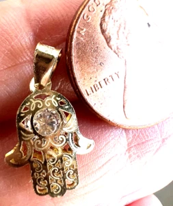 GOLd Hamsa pendant bad evil eye hand nazar Fatima 10k cz charm small .70" Dainty - Picture 1 of 14
