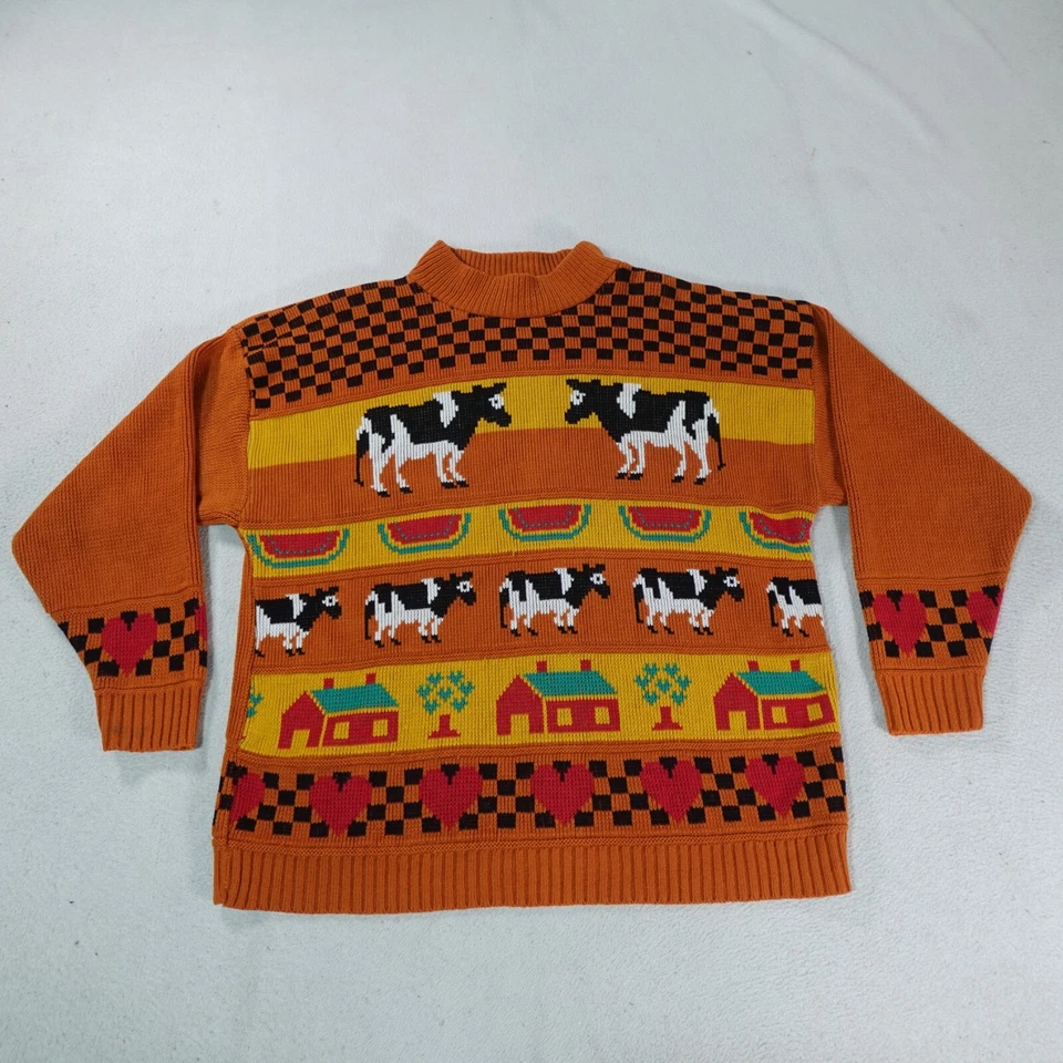Suéter Tejido Abuela De Colección Para Mujer Mediano Naranja Vacas Granja Exterior Animales Estados Unidos Foto 1 de 4