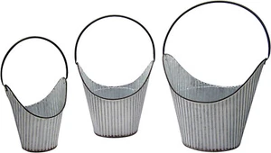 Set of 3 Grey and White Galvanized Bucket Planters with Black Handles - Picture 1 of 4