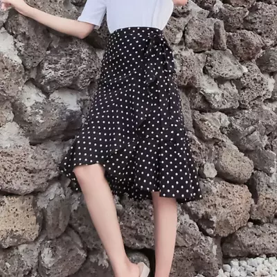 Dama Falda Envolvente Cola de Pescado Playa Volantes Midi Gasa Lunares Verano Falda Fina Foto 1 de 4