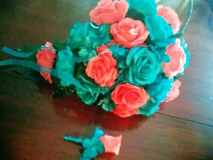 Koralle & türkis Rose Hochzeit Kaskade Bouquet & Bout Ush Bestellungen verfügbar - Bild 1 von 3